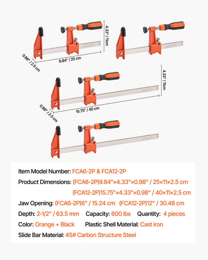 Bar Clamps for Woodworking, 2-Pack 15.24 cm and 2-Pack 30.48 cm, Lockable F-Clamp with 272 kg Load Limit, 63.5 mm Depth, Cast Iron and Carbon Steel, Wood Clamps for Woodworking Metal Working