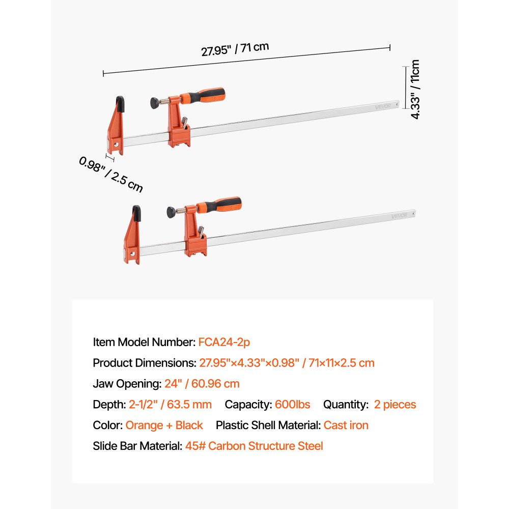 VEVOR Bar Clamps for Woodworking 2-Pack 61 cm Opening Lockable F Clamp Cast Iron