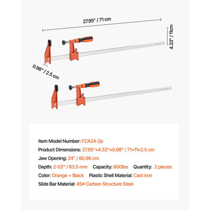 VEVOR Bar Clamps for Woodworking 2-Pack 61 cm Opening Lockable F Clamp Cast Iron
