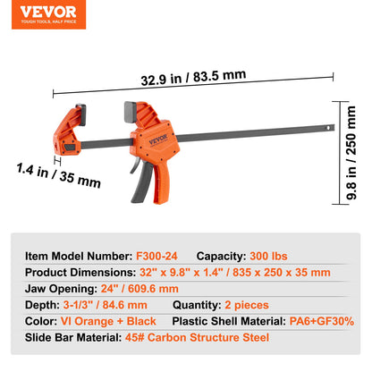 VEVOR Bar Clamps for Woodworking, 2-Pack 24" One-Handed Clamp/Spreader, Quick-Change