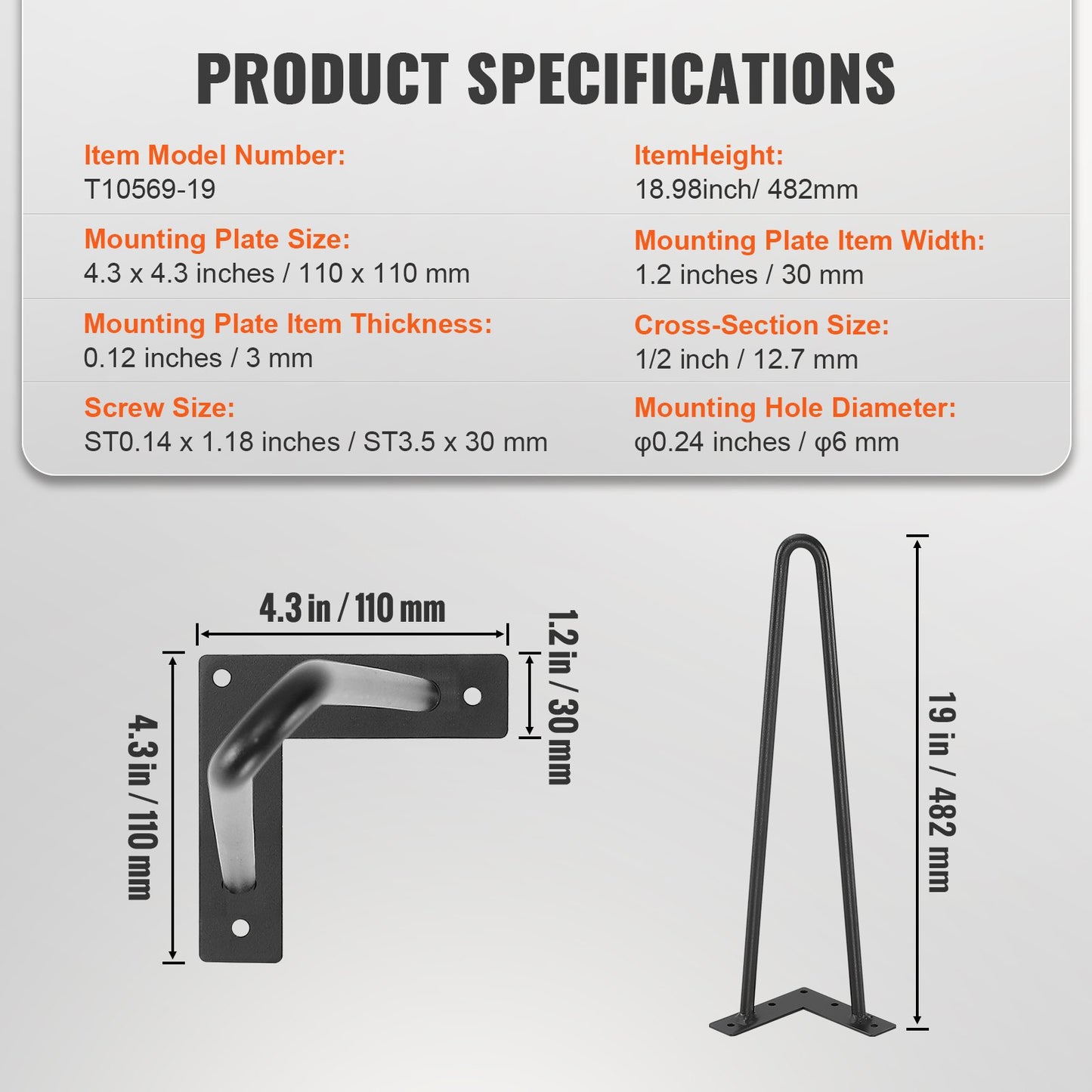 VEVOR 482.6MM Hairpin Furniture Legs, Metal Home DIY Projects for Nightstand, Coffee
