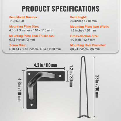 VEVOR 711.2MM Hairpin Furniture Legs, Metal Home DIY Projects for Nightstand, Coffee