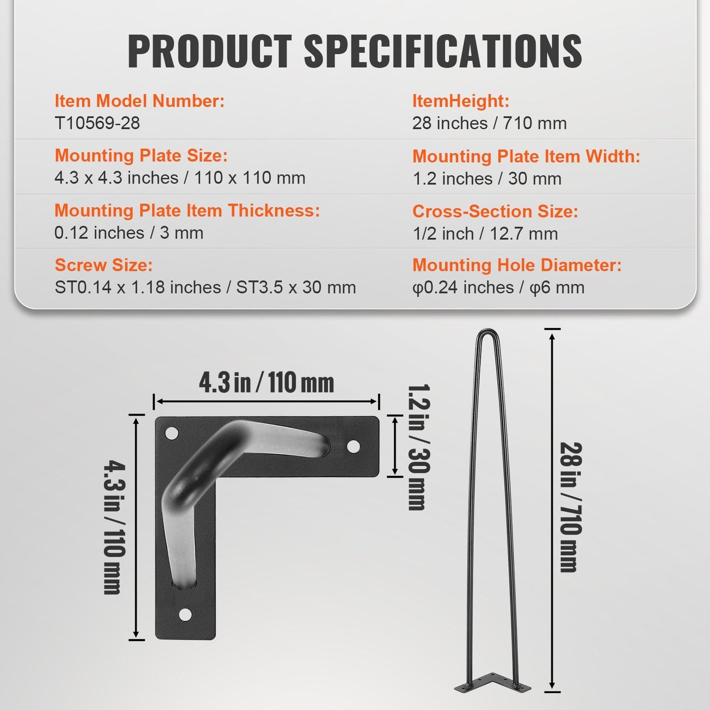 28" Metal Hairpin Legs for DIY Furniture, 227kg Capacity, Set of 4 with Protectors