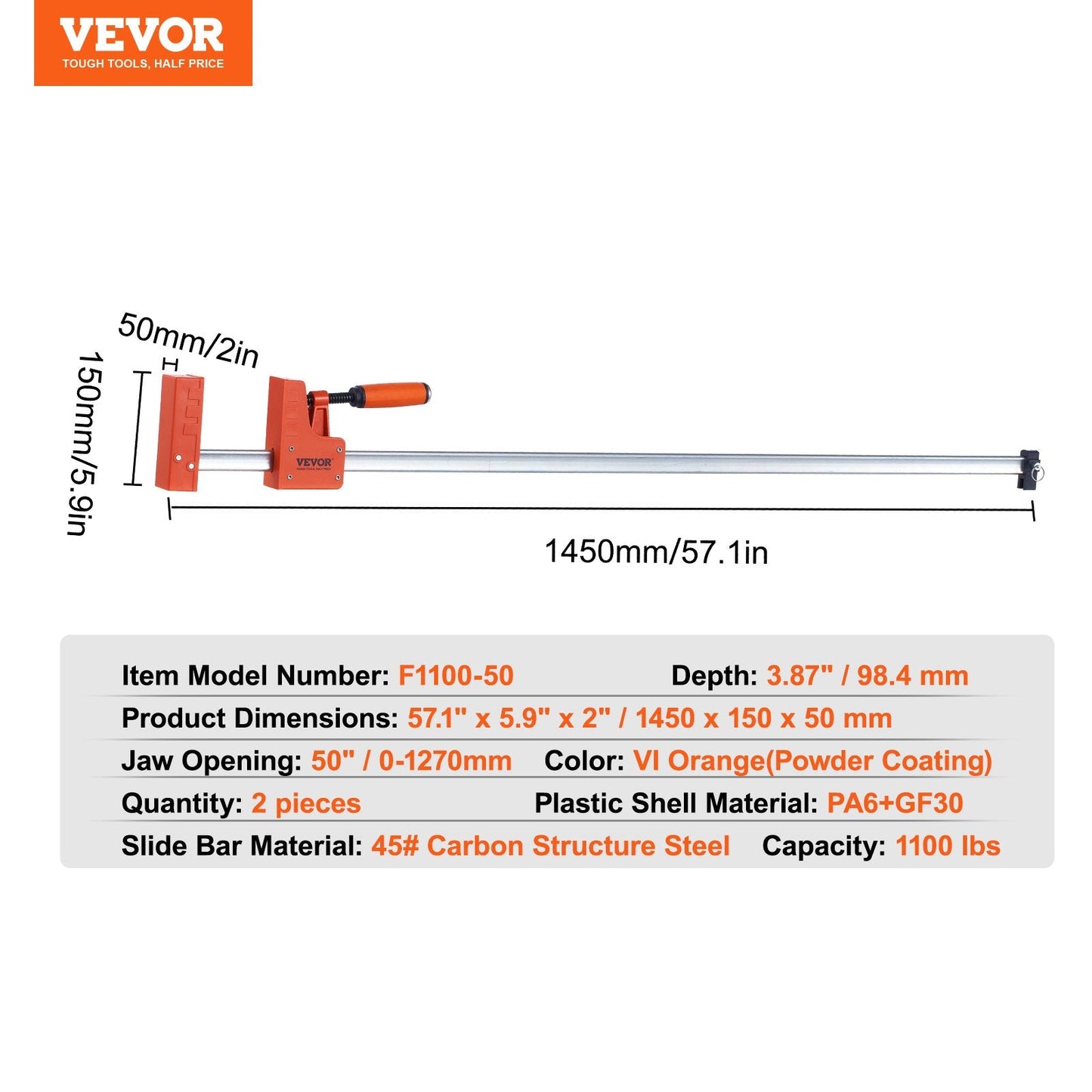 Woodworking Bar Clamps, 2-Pack 1.27m Parallel Set, 500kg Load Capacity
