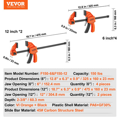 VEVOR Bar Clamps for Woodworking, 4-Pack 6" and 2-Pack 12" One-Handed Clamp/Spreader,
