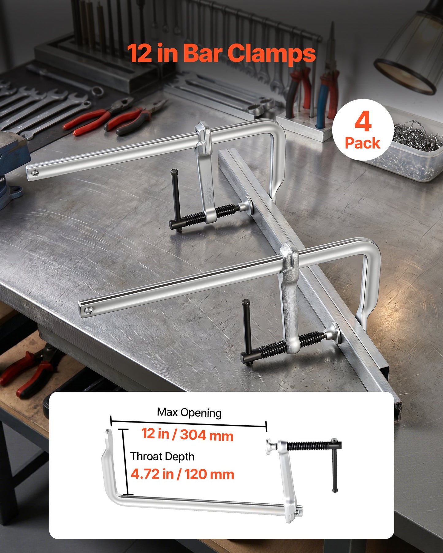 Bar Clamps for Woodworking, 4-Pack, 30.48 cm Opening, 12 cm Throat Depth, 545 kg Load Limit, Sturdy Steel Forging and Casting, with Swivel Jaw and T-Handle, for Wood Working and Metal Working