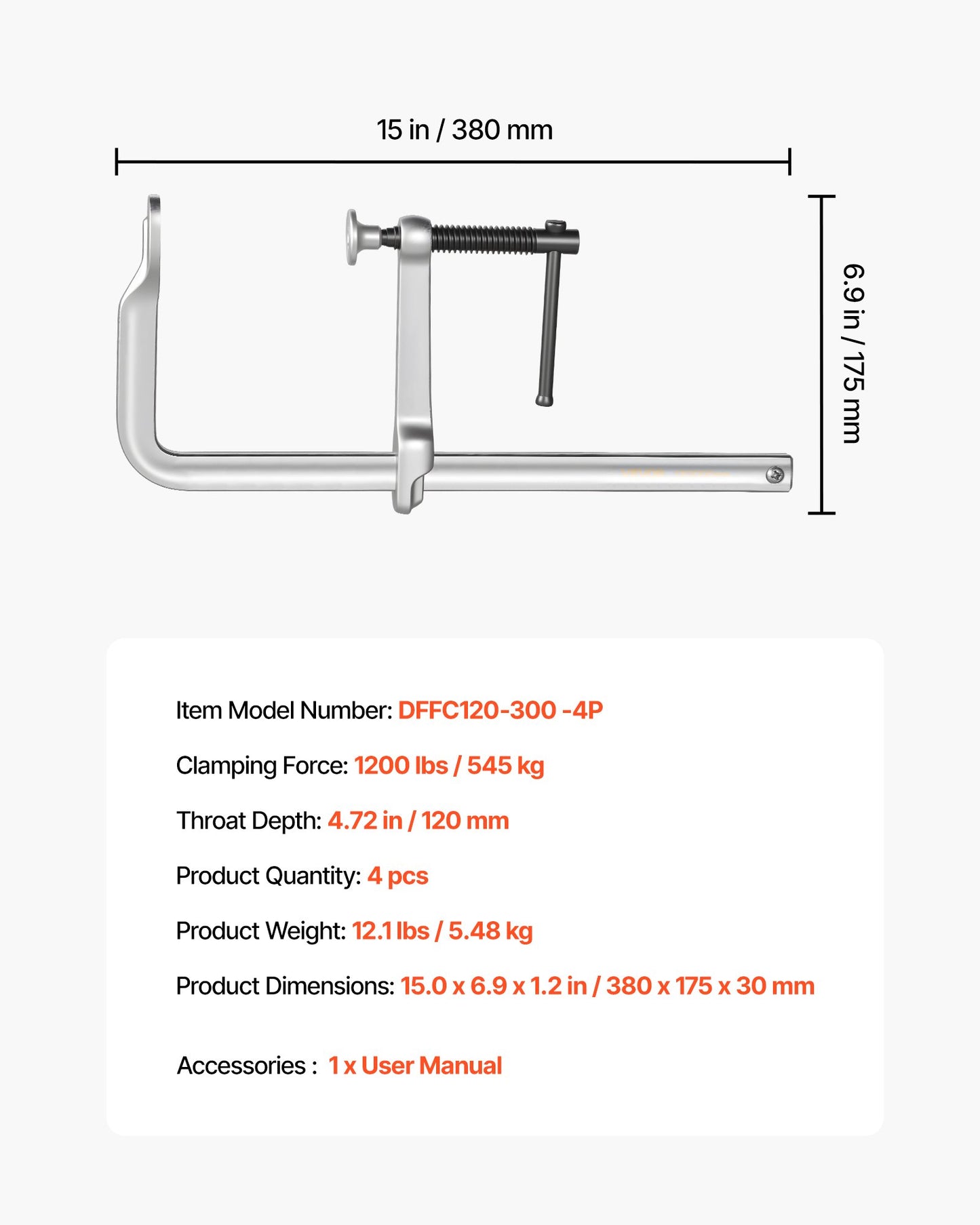 Bar Clamps for Woodworking, 4-Pack, 30.48 cm Opening, 12 cm Throat Depth, 545 kg Load Limit, Sturdy Steel Forging and Casting, with Swivel Jaw and T-Handle, for Wood Working and Metal Working