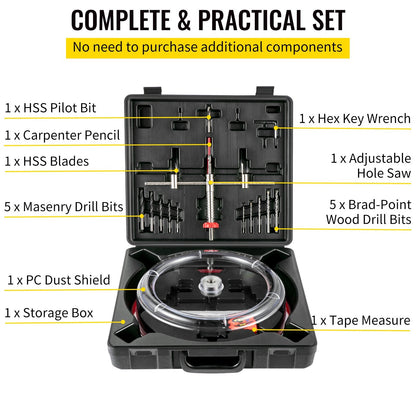 Adjustable Hole Saw Cutter Kit with Dust Shield, 40-300 mm Cutting Range