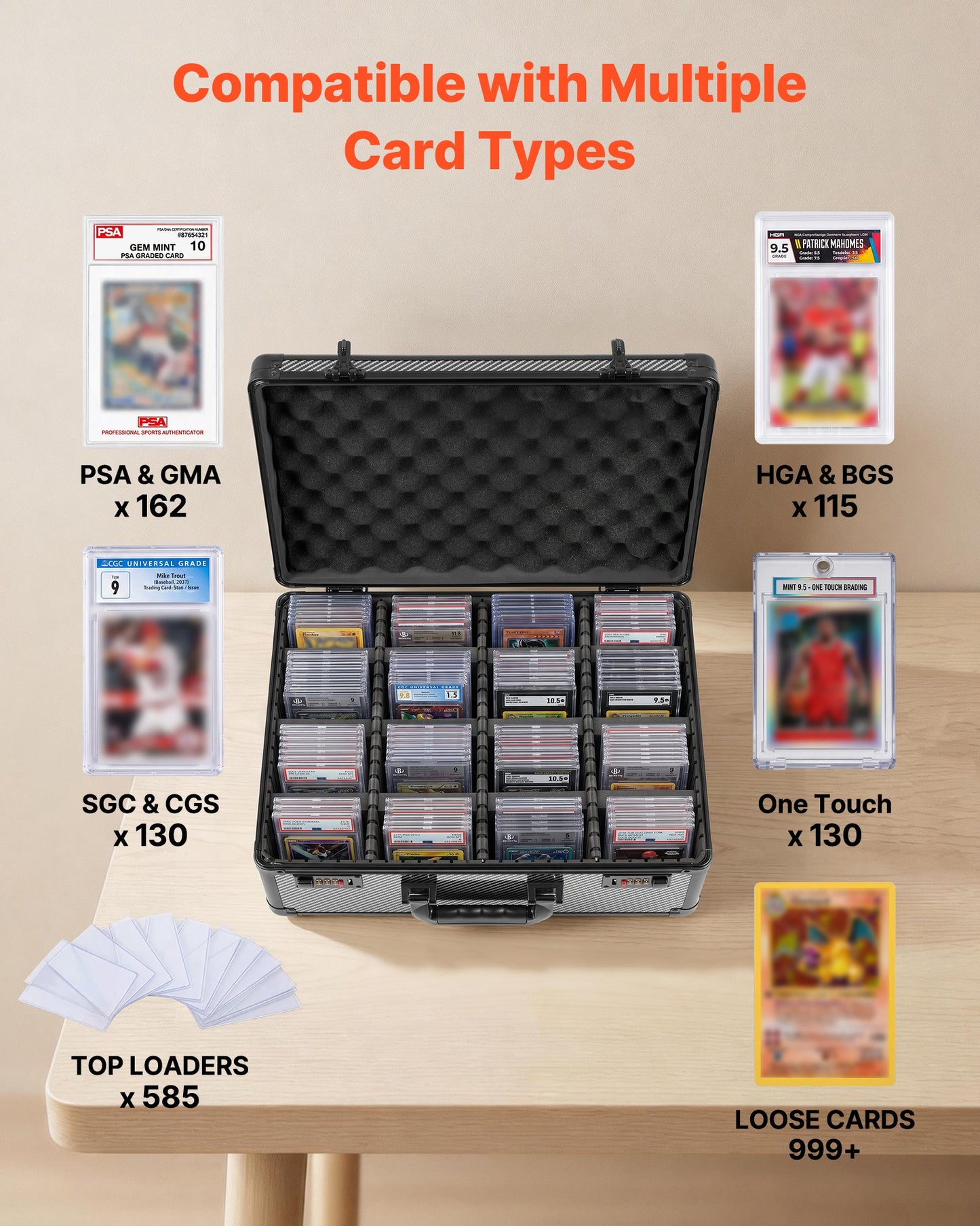 Graded Card Case 4 Row 162 PSA Slab Storage Box with Combination Lock, Baseball Sports Trading Cards Holder Collector with 12 Dividers, Holds 130 SGC 115 BGS 585 Top Loaders & 999+ Loose Cards