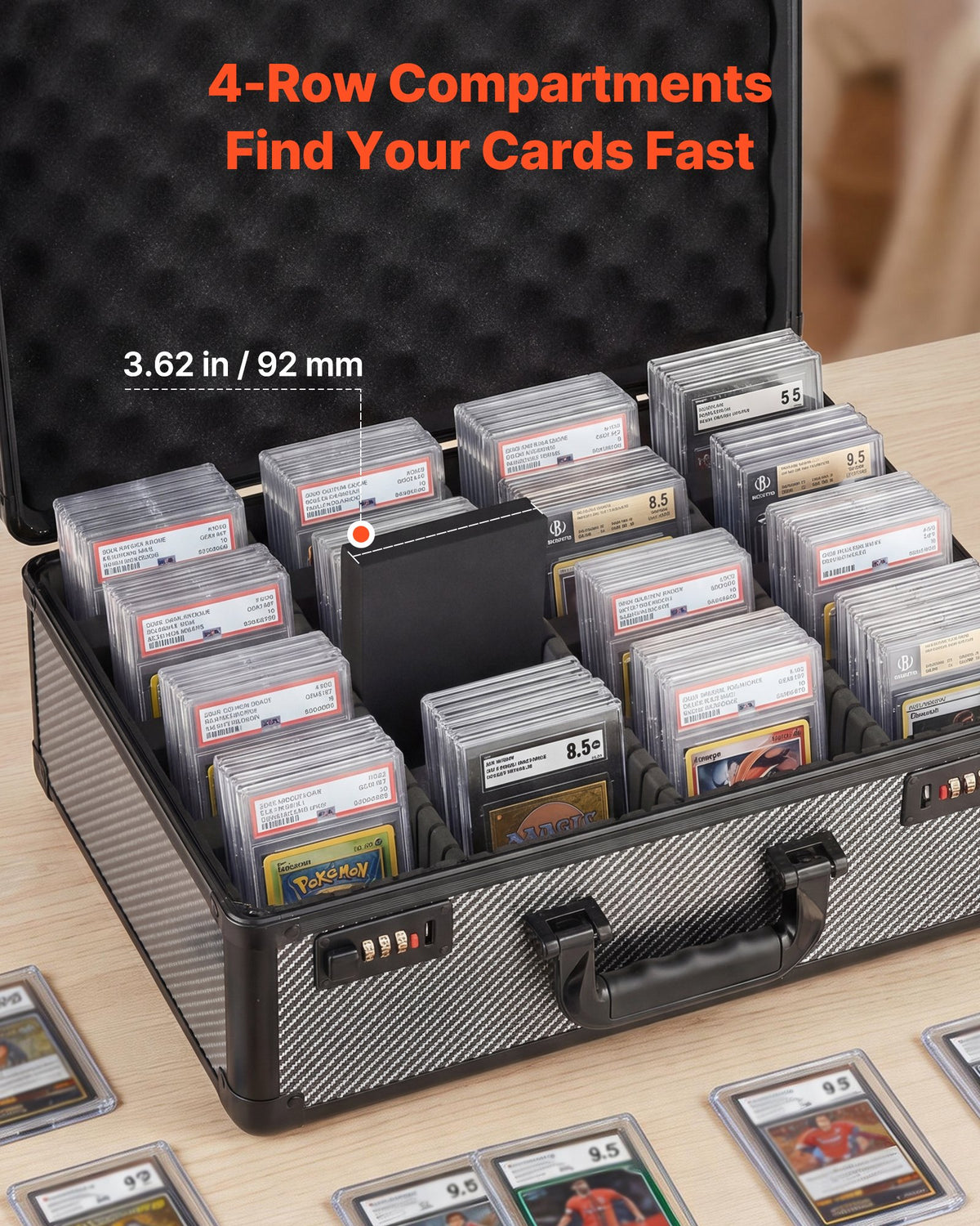 Graded Card Case 4 Row 162 PSA Slab Storage Box with Combination Lock, Baseball Sports Trading Cards Holder Collector with 12 Dividers, Holds 130 SGC 115 BGS 585 Top Loaders & 999+ Loose Cards