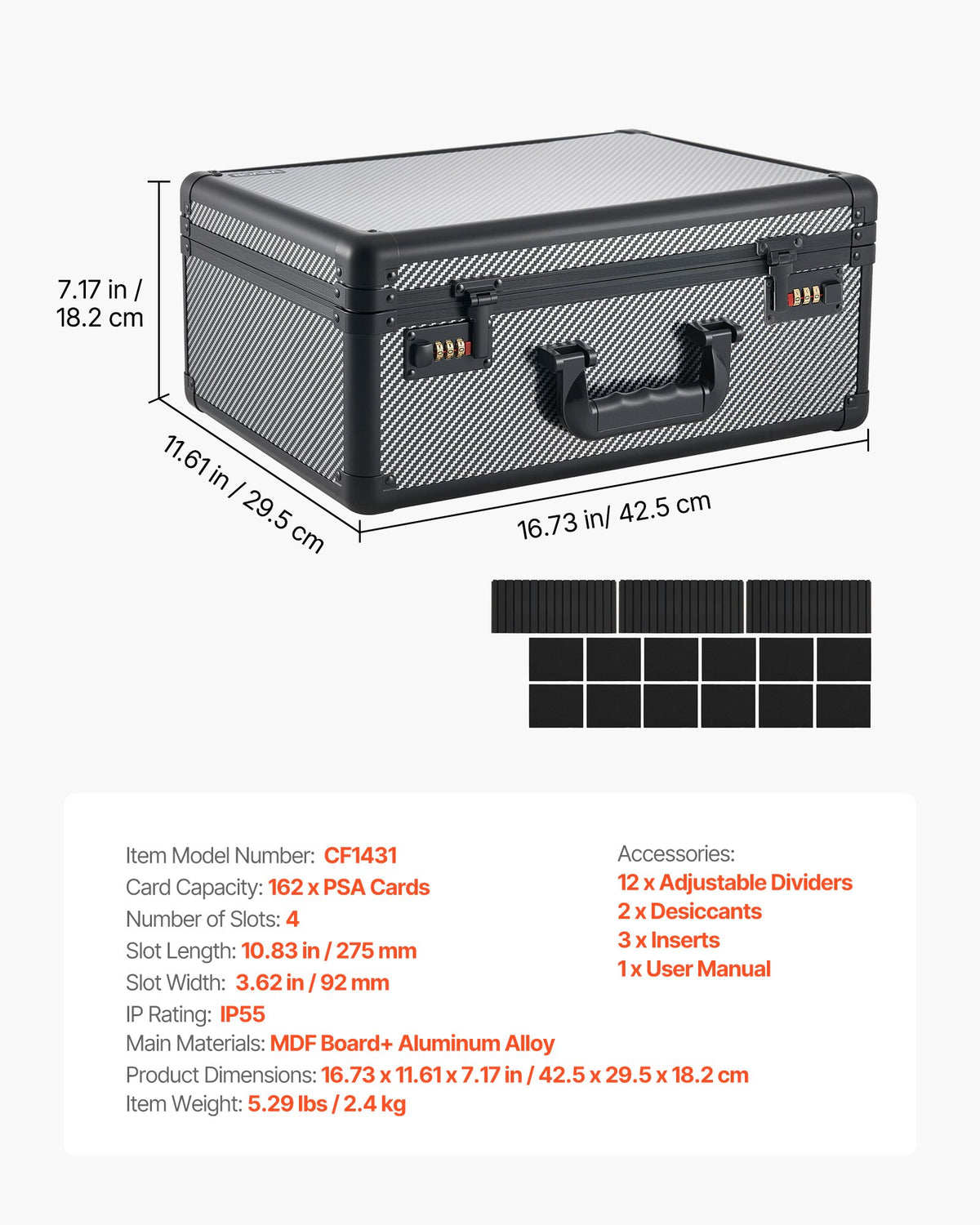 Graded Card Case 4 Row 162 PSA Slab Storage Box with Combination Lock, Baseball Sports Trading Cards Holder Collector with 12 Dividers, Holds 130 SGC 115 BGS 585 Top Loaders & 999+ Loose Cards