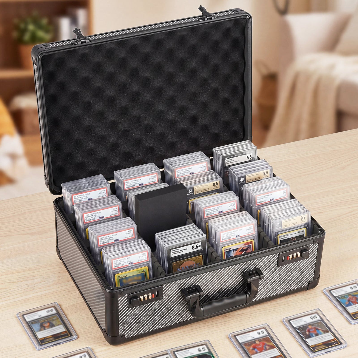 Graded Card Case 4 Row 162 PSA Slab Storage Box with Combination Lock, Baseball Sports Trading Cards Holder Collector with 12 Dividers, Holds 130 SGC 115 BGS 585 Top Loaders & 999+ Loose Cards