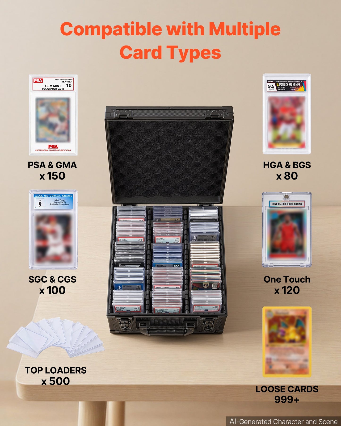 Graded Card Case 3 Row 150 PSA Slab Storage Box with Secure Lock, Baseball Sports Trading Cards Holder Collector with 12 Dividers, Key, Holds 100 SGC 80 BGS 500 Top Loaders & 999+ Loose Cards