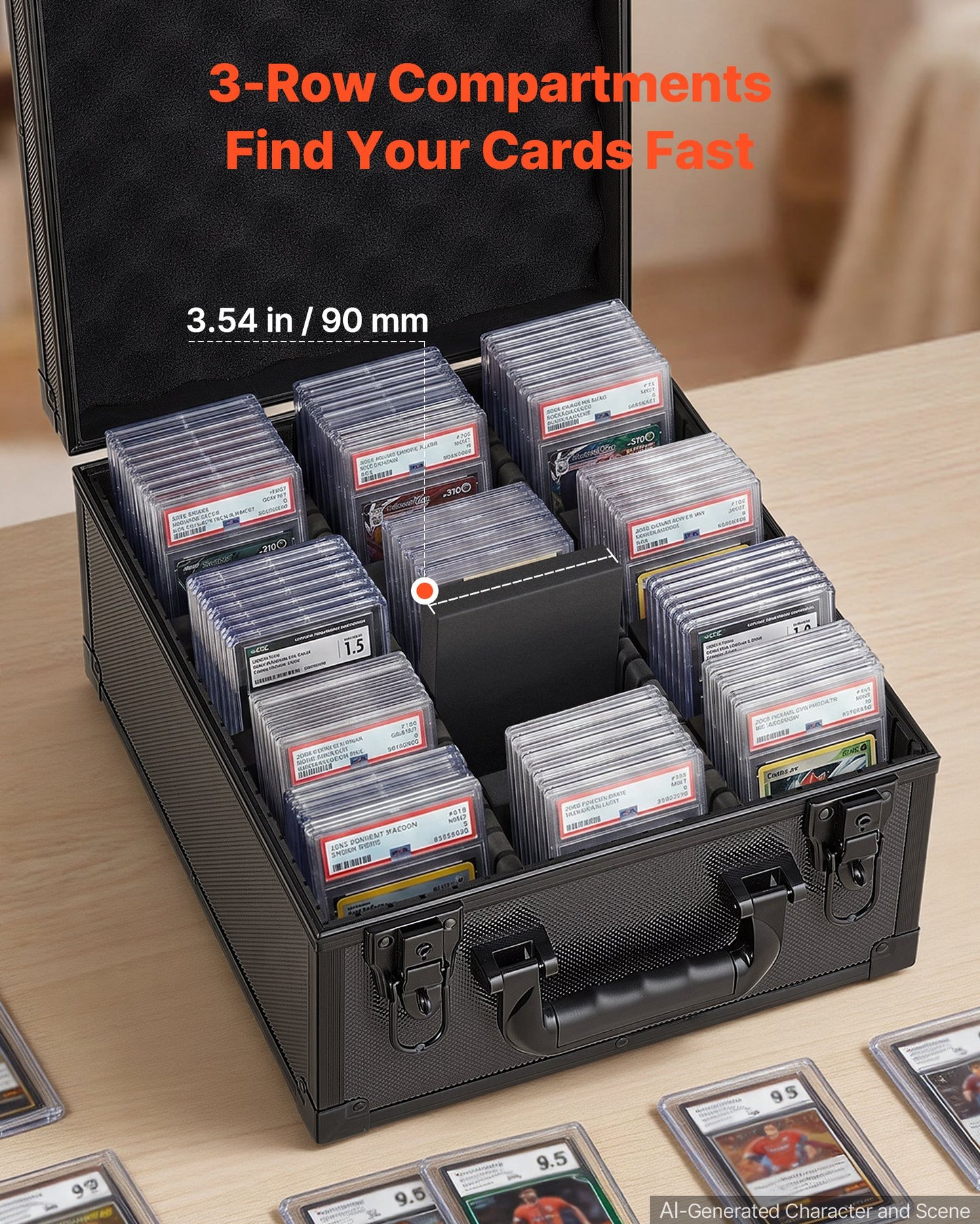 Graded Card Case 3 Row 150 PSA Slab Storage Box with Secure Lock, Baseball Sports Trading Cards Holder Collector with 12 Dividers, Key, Holds 100 SGC 80 BGS 500 Top Loaders & 999+ Loose Cards