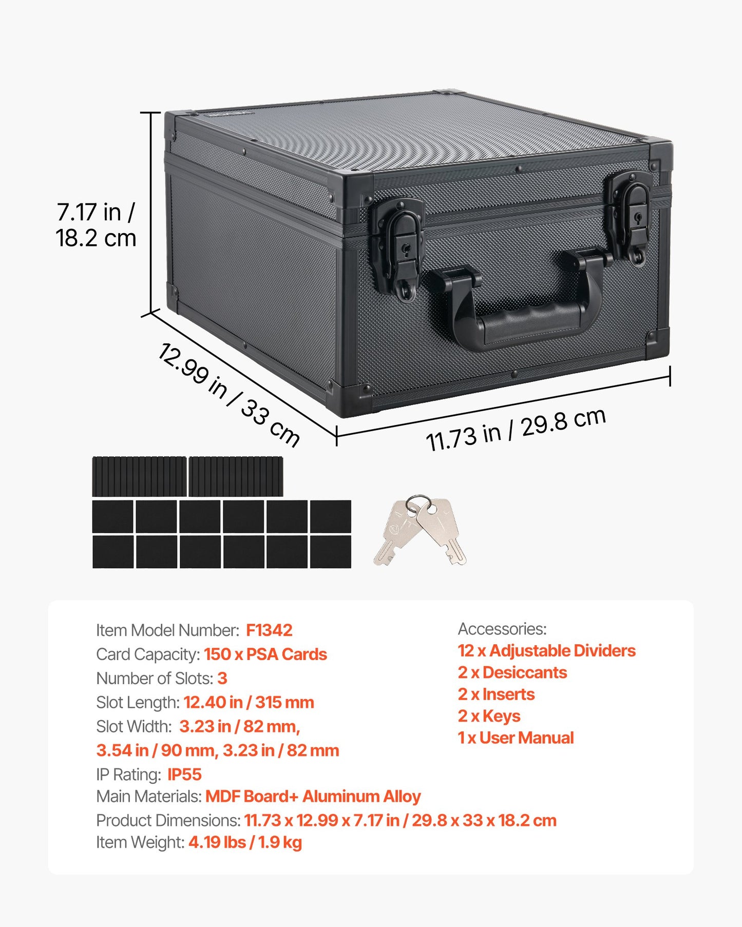 Graded Card Case 3 Row 150 PSA Slab Storage Box with Secure Lock, Baseball Sports Trading Cards Holder Collector with 12 Dividers, Key, Holds 100 SGC 80 BGS 500 Top Loaders & 999+ Loose Cards