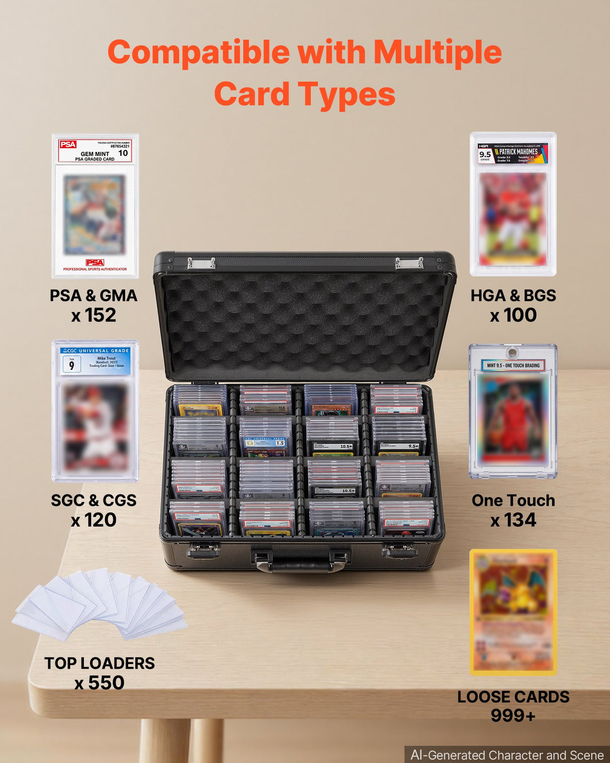 Graded Card Case 4 Row 152 PSA Slab Storage Box TSA Approved Lock, Baseball Sports Trading Cards Holder Collector, with 12 Dividers, Holds 120 SGC 100 BGS 550 Top Loaders & 999+ Loose Cards
