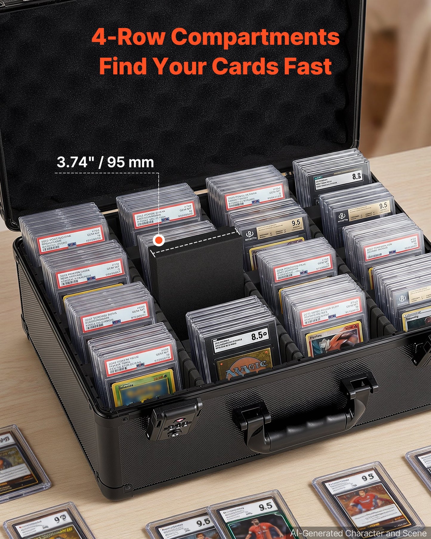 Graded Card Case 4 Row 152 PSA Slab Storage Box TSA Approved Lock, Baseball Sports Trading Cards Holder Collector, with 12 Dividers, Holds 120 SGC 100 BGS 550 Top Loaders & 999+ Loose Cards