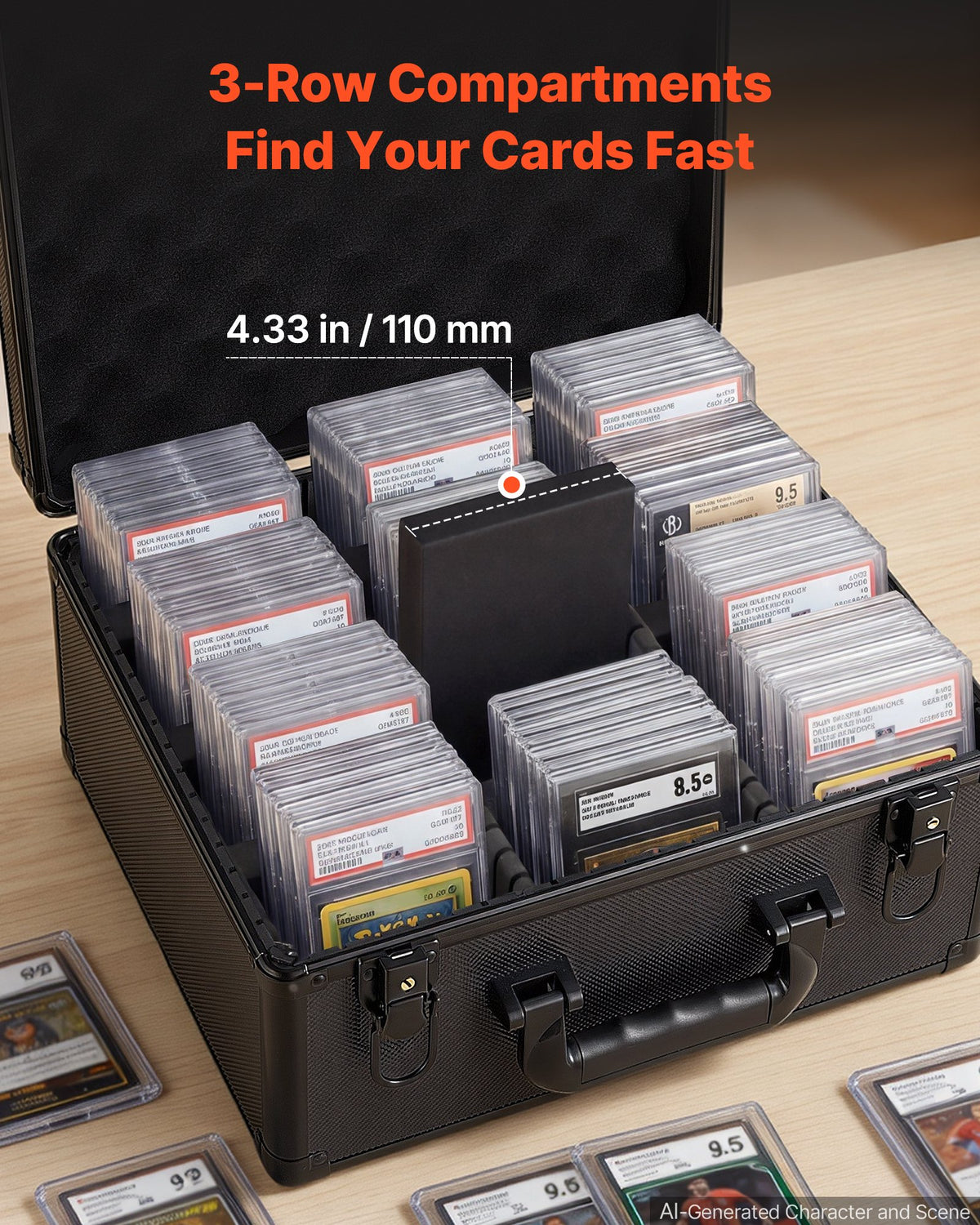 Graded Card Case 3 Row 180 PSA Slab Storage Box with Secure Lock, Baseball Sports Trading Cards Holder Collector with 12 Dividers, Key, Holds 120 SGC 100 BGS 520 Top Loaders & 999+ Loose Cards