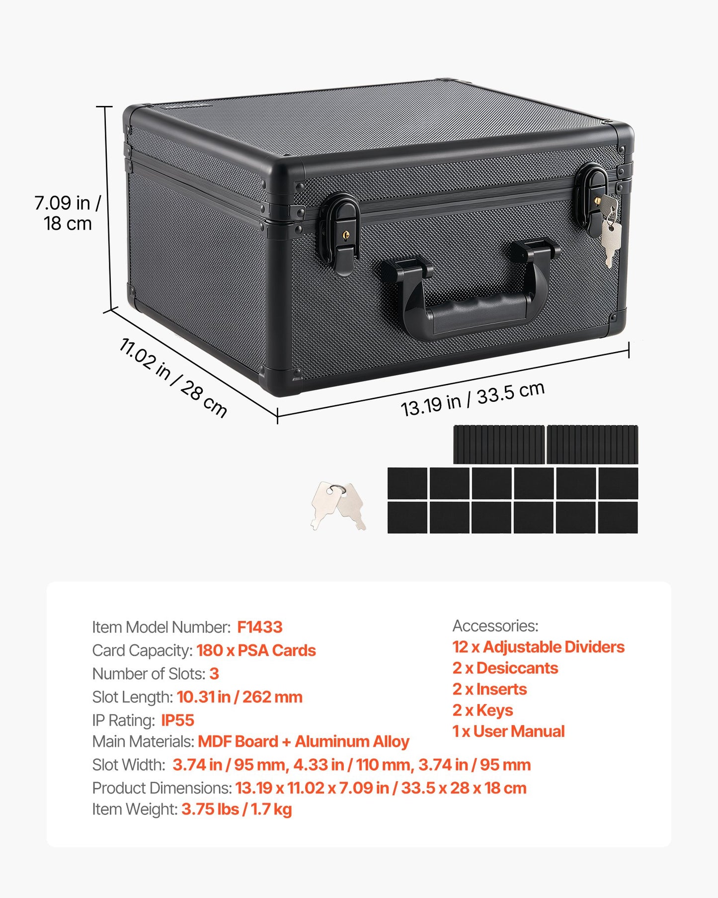 Graded Card Case 3 Row 180 PSA Slab Storage Box with Secure Lock, Baseball Sports Trading Cards Holder Collector with 12 Dividers, Key, Holds 120 SGC 100 BGS 520 Top Loaders & 999+ Loose Cards
