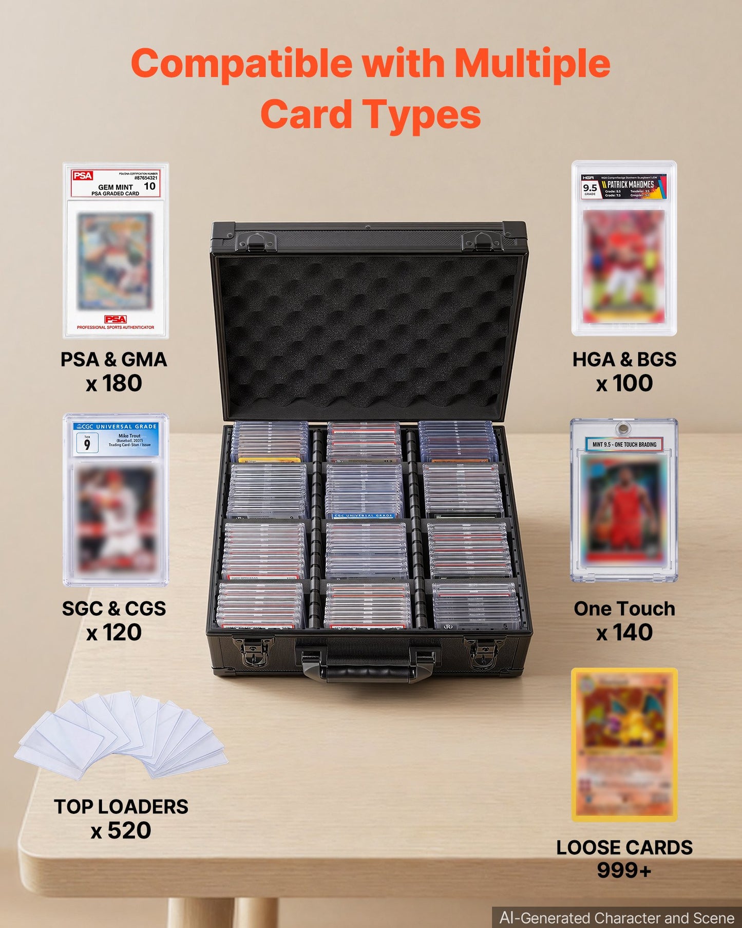 Graded Card Case 3 Row 180 PSA Slab Storage Box with Mechanical Lock, Baseball Sports Trading Cards Holder Collector with 12 Dividers, Holds 120 SGC 100 BGS 520 Top Loaders & 999+ Loose Cards