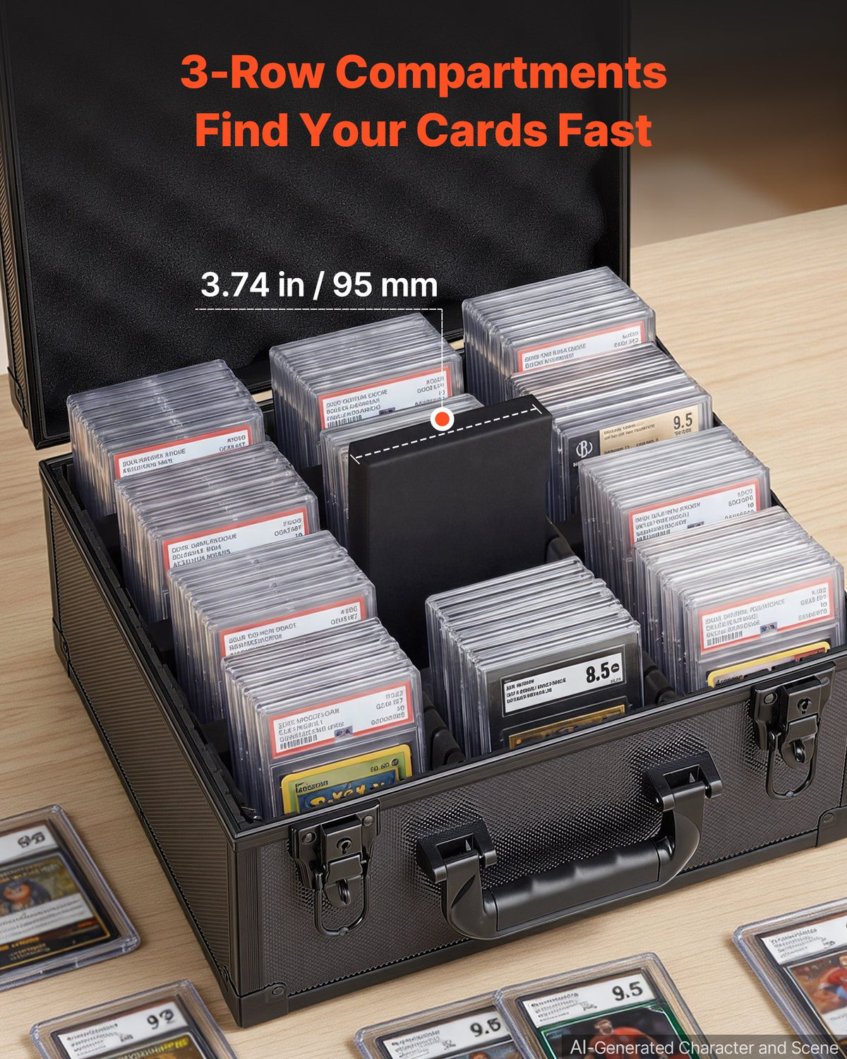 Graded Card Case 3 Row 180 PSA Slab Storage Box with Mechanical Lock, Baseball Sports Trading Cards Holder Collector with 12 Dividers, Holds 120 SGC 100 BGS 520 Top Loaders & 999+ Loose Cards