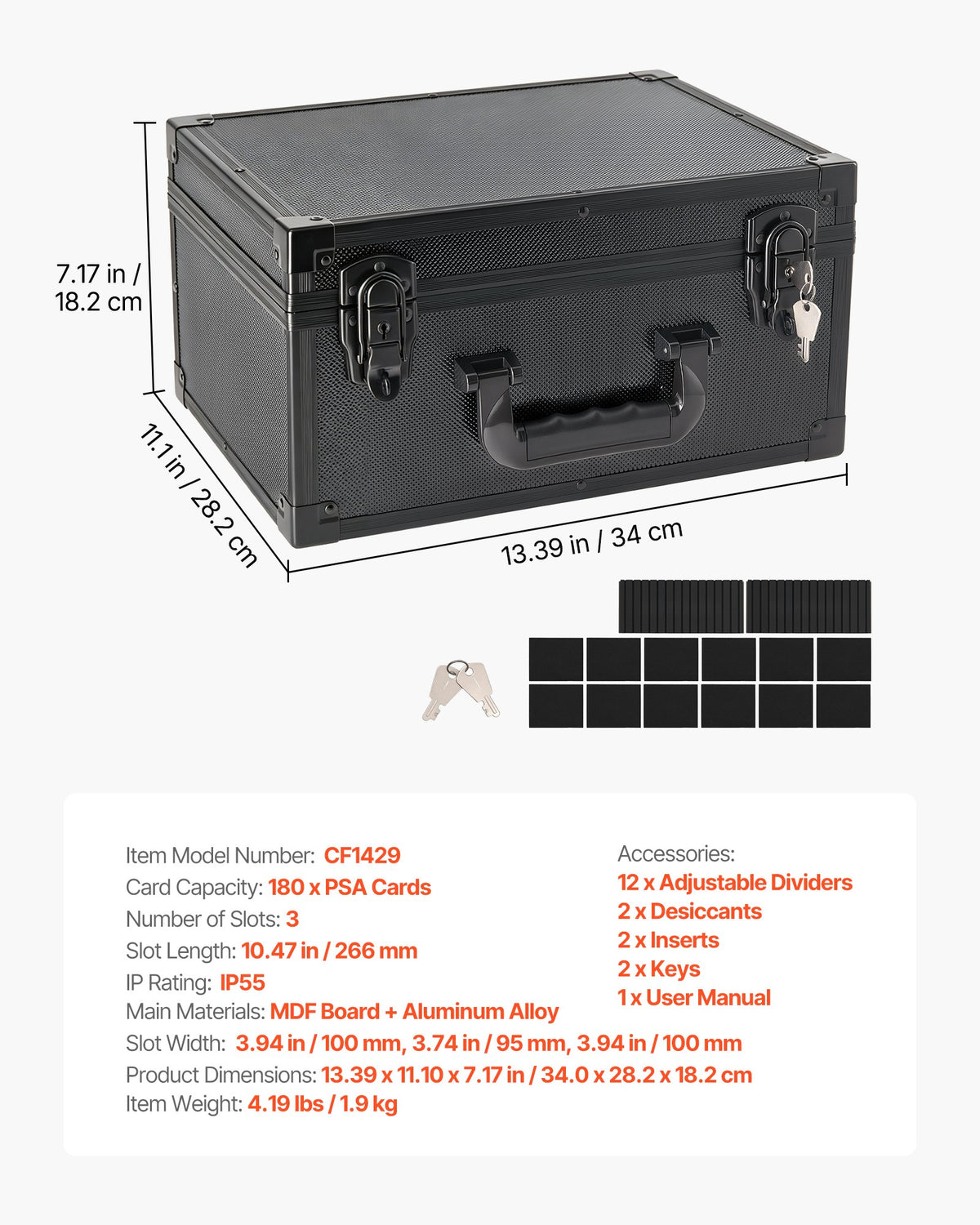 Graded Card Case 3 Row 180 PSA Slab Storage Box with Mechanical Lock, Baseball Sports Trading Cards Holder Collector with 12 Dividers, Holds 120 SGC 100 BGS 520 Top Loaders & 999+ Loose Cards