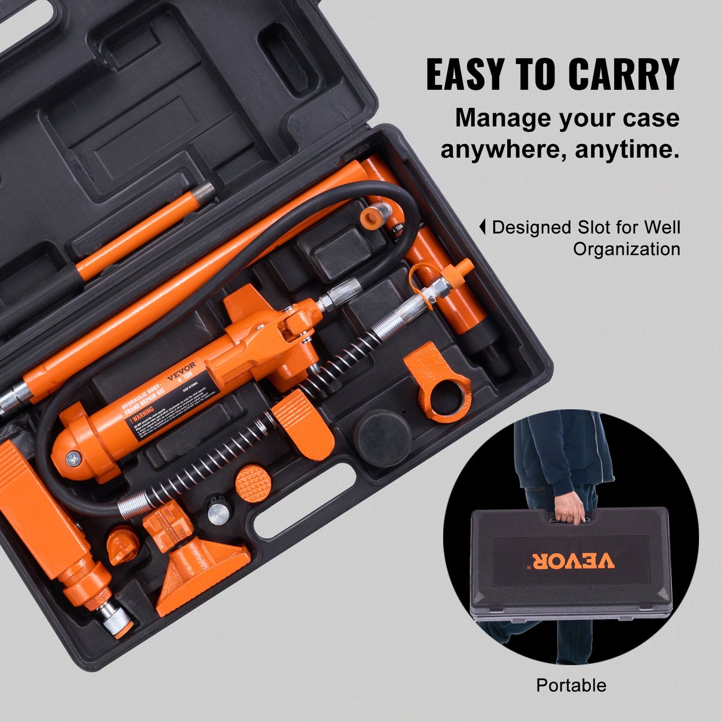 VEVOR 4 Ton Porta Power Kit, Portable Hydraulic Jack with 3.9 ft/1.2 m Oil Hose,