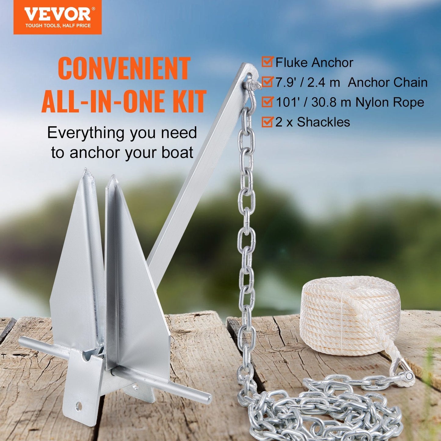 Galvanized Steel Fluke Anchor Kit with Chain, Rope & Shackles (6 kg)