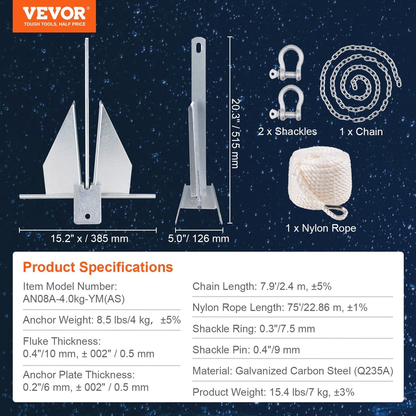 Galvanized Steel Fluke Anchor Kit with 4 kg Anchor and 22.86 m Nylon Rope