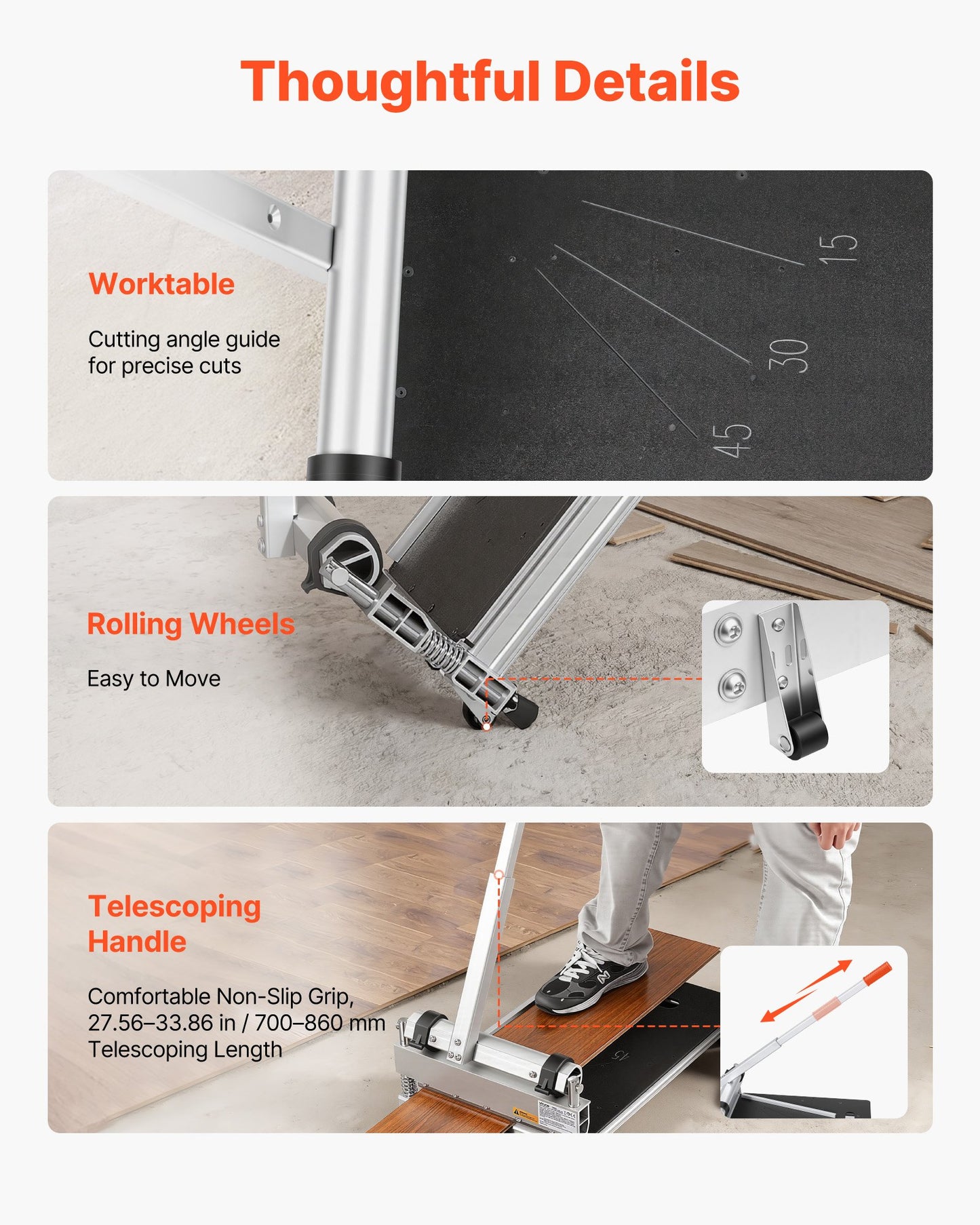 330mm Vinyl Floor Cutter, 16mm Thick Laminate Flooring Cutter with 15°/30°/45° Adjustable Angle Settings, Flexible Wheels, Telescoping Handle, Cuts Engineered Wood, LVT, VCT, SPC, LVP, WPC