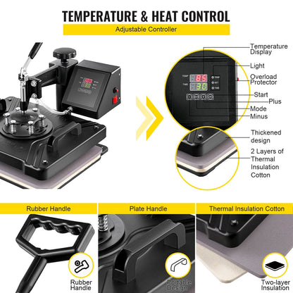 Digital Clamshell Heat Press Machine, 29x38cm, 360° Rotation, 1050W Power