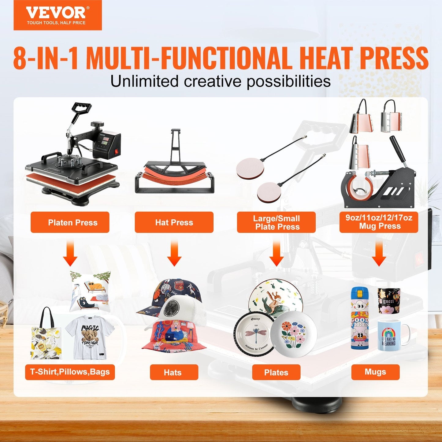 1400W 8-in-1 Heat Press Machine with Digital Controller & 360° Rotation