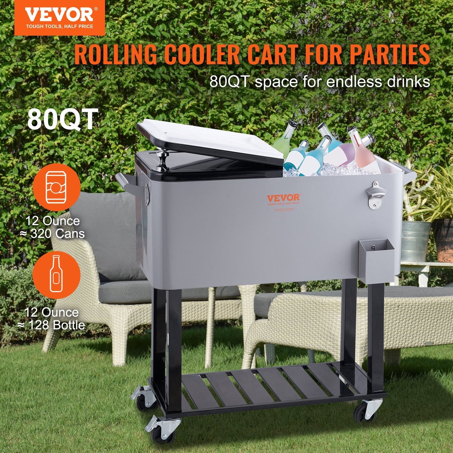80 Qt Rolling Cooler Cart with Opener, 0.93m x 0.46m, 18kg, Gray