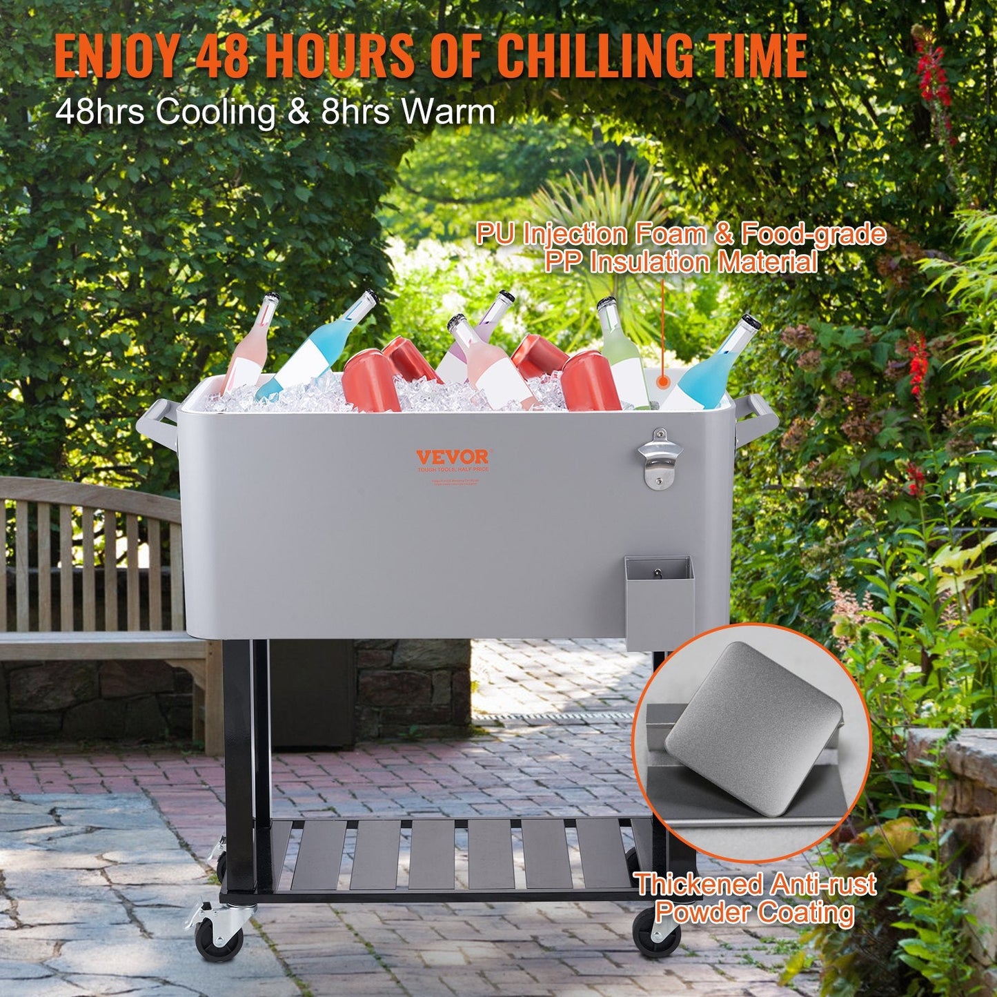 80 Qt Rolling Cooler Cart with Opener, 0.93m x 0.46m, 18kg, Gray