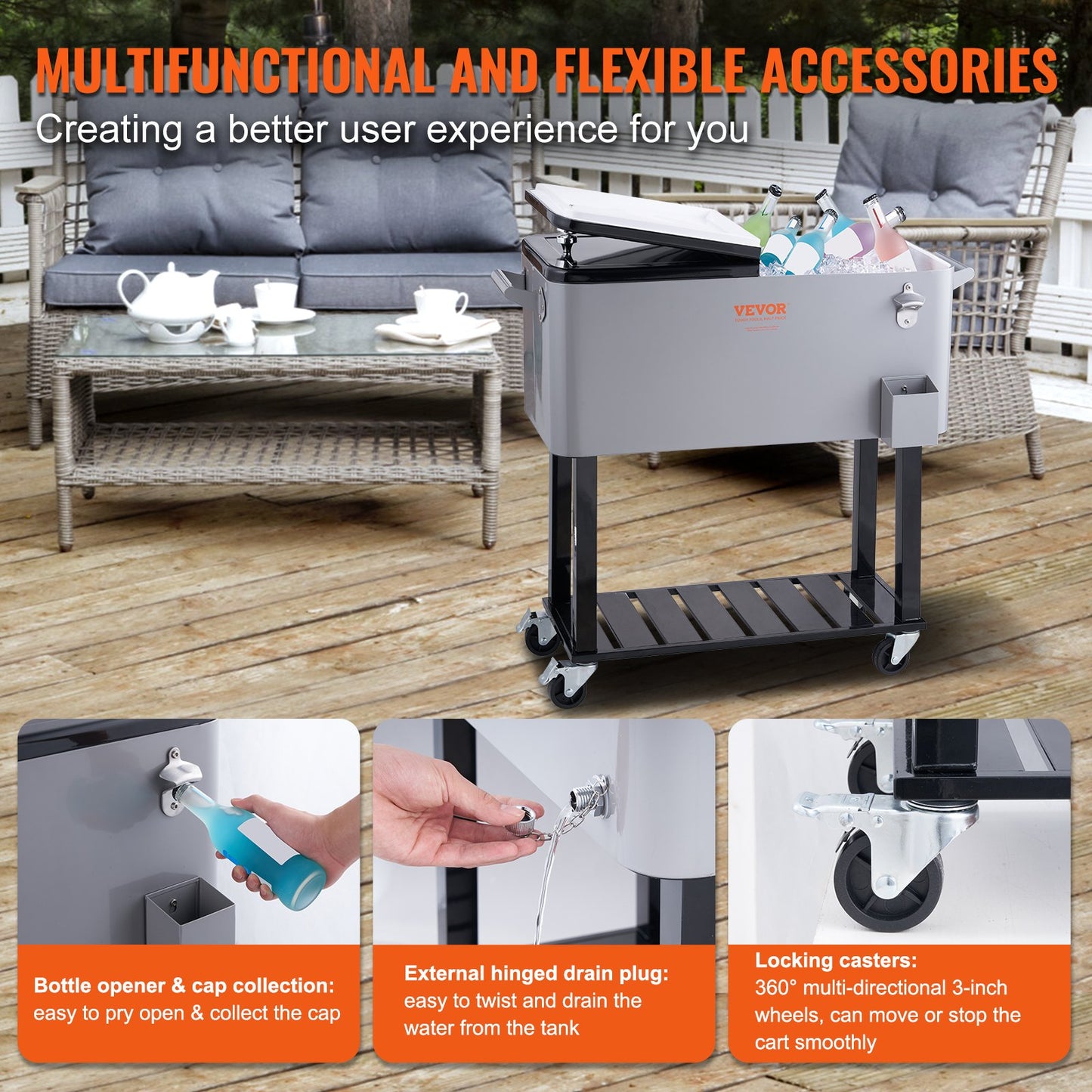 VEVOR 80Qt Rolling Cooler Cart with Bottle Opener Drainage Patio Party Bar Drink