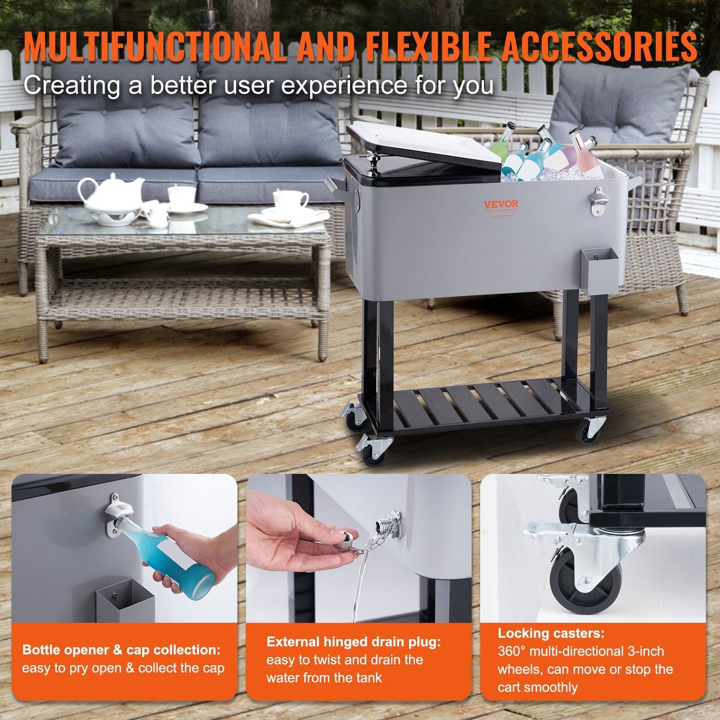80 Qt Rolling Cooler Cart with Opener, 0.93m x 0.46m, 18kg, Gray