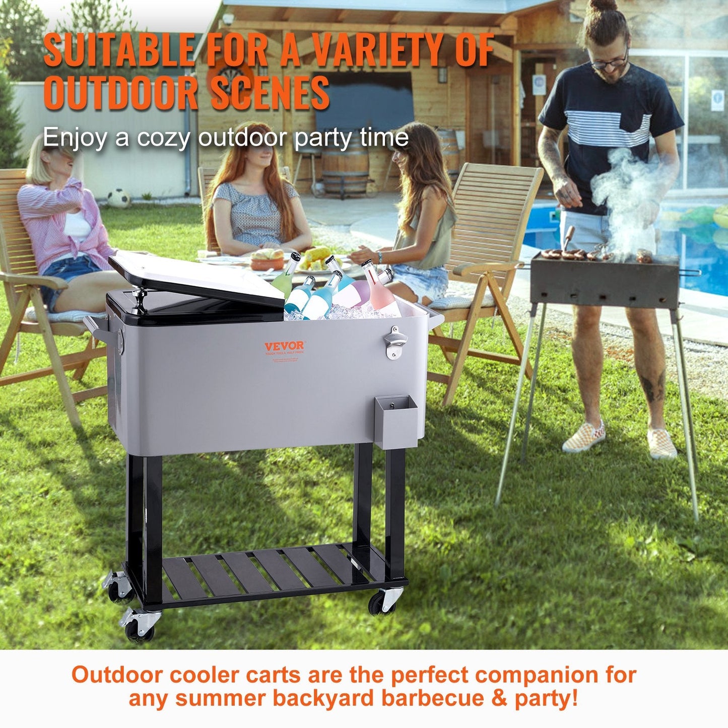 80 Qt Rolling Cooler Cart with Opener, 0.93m x 0.46m, 18kg, Gray