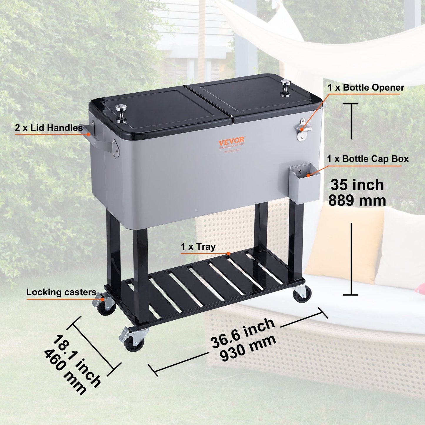 80 Qt Rolling Cooler Cart with Opener, 0.93m x 0.46m, 18kg, Gray