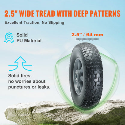 Solid PU Run-Flat Tire Wheels, 0.25m, 2-Pack, 81.6 kg Dynamic Load Capacity