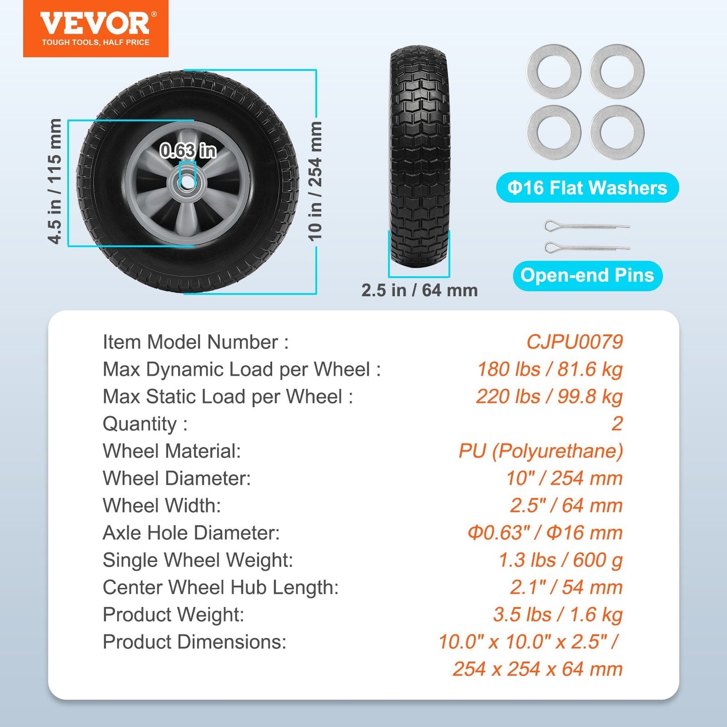 Solid PU Run-Flat Tire Wheels, 0.25m, 2-Pack, 81.6 kg Dynamic Load Capacity