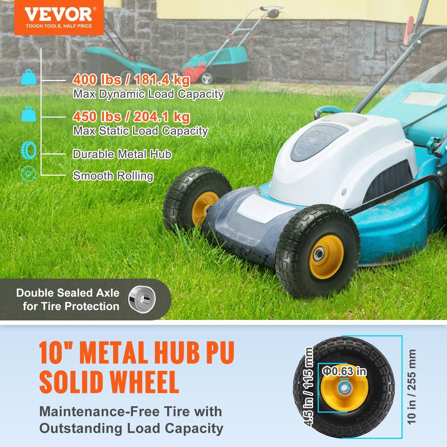 Solid PU Run-Flat Tires, 254 mm, 2-Pack, 181 kg Load, for Carts & Trailers