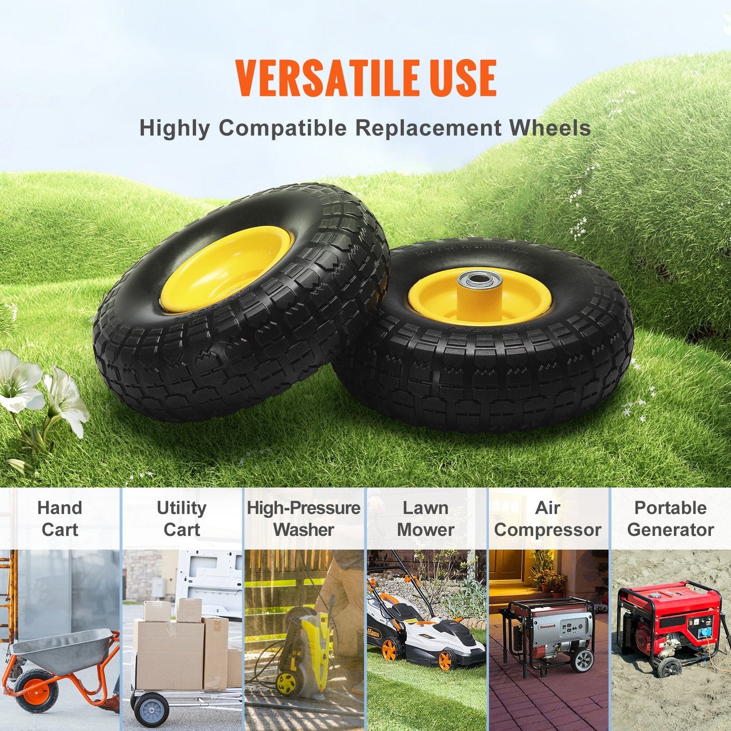 Solid PU Run-Flat Tires, 254 mm, 2-Pack, 181 kg Load, for Carts & Trailers
