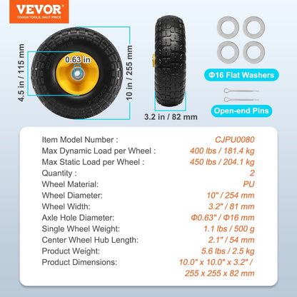 Solid PU Run-Flat Tires, 254 mm, 2-Pack, 181 kg Load, for Carts & Trailers