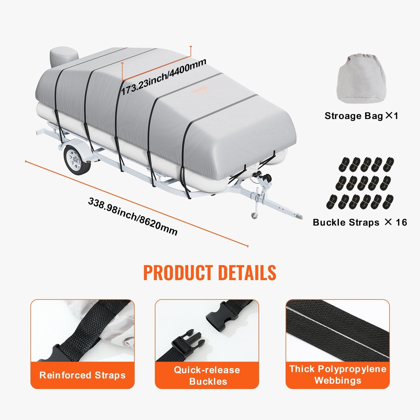 Durable 800D Waterproof Pontoon Boat Cover for 7-7.3 Meter Boats with Bag