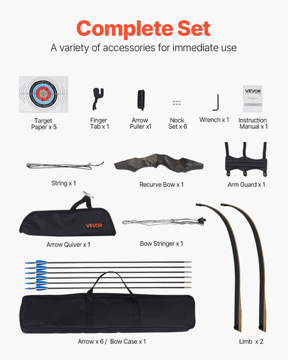Recurve Bow and Arrows Kit, 60 inch Wooden Takedown Bows, Right Handed Ergonomic Archery Recurve Bow Package, Longbow for Outdoor Target Training Practice Hunting, Beginners to Advanced, 45 lbs