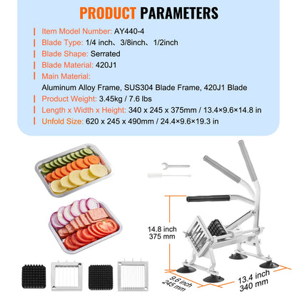 VEVOR Commercial Vegetable Slicer, 1/4"+3/8"+1/2" Fruit Slicer, Stainless Steel