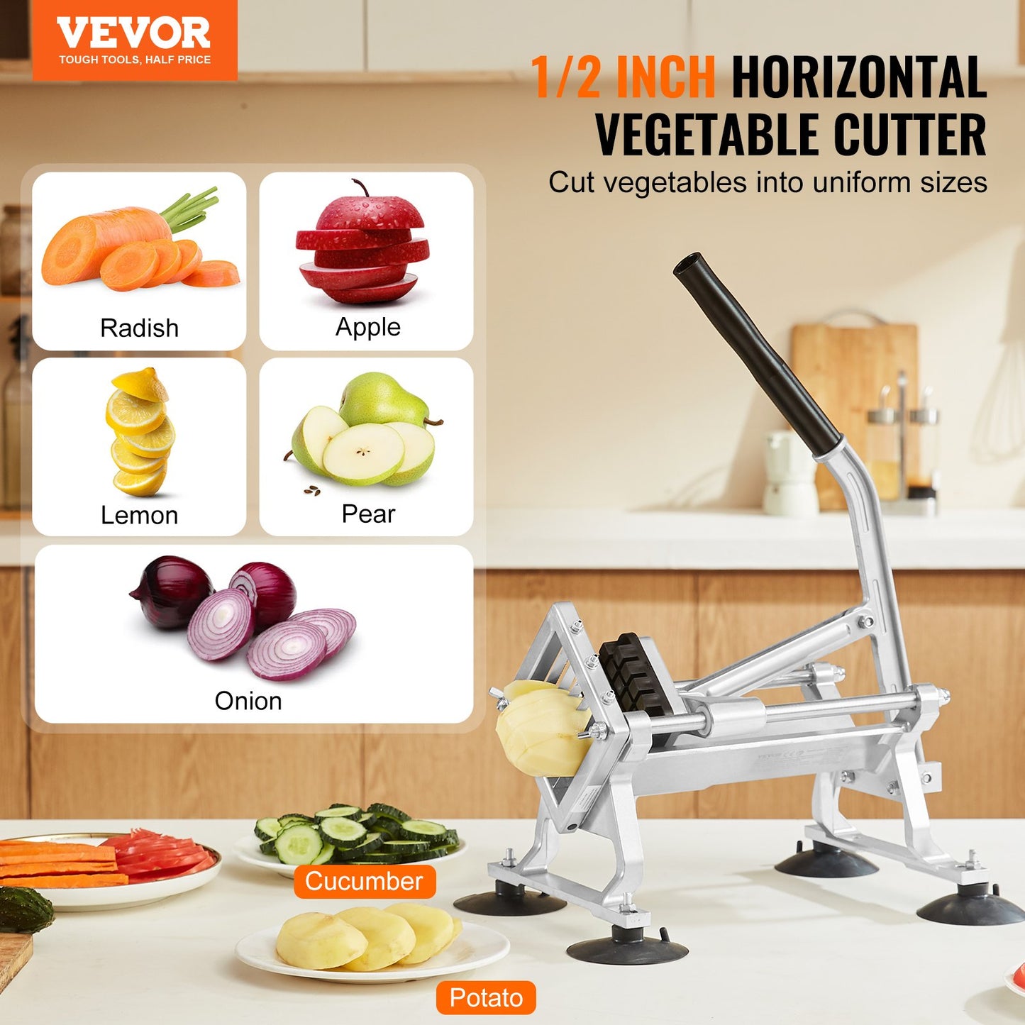 VEVOR Commercial Vegetable Slicer, 1/2 inch Fruit Slicer, Stainless Steel and Aluminum