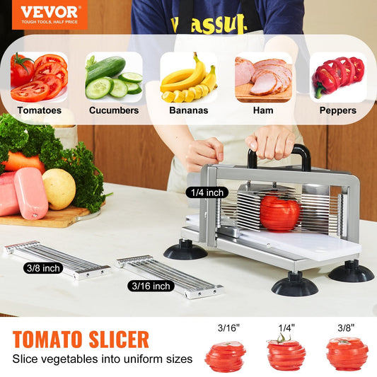Heavy-duty stainless steel tomato cutter with sharp serrated 420J1 blades for uniform food preparation