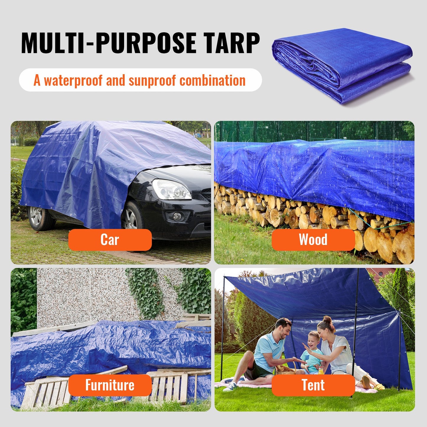 VEVOR Tarp Waterproof Tarpaulin 10x12 ft 5Mil Plastic Poly Tear UV Resistant