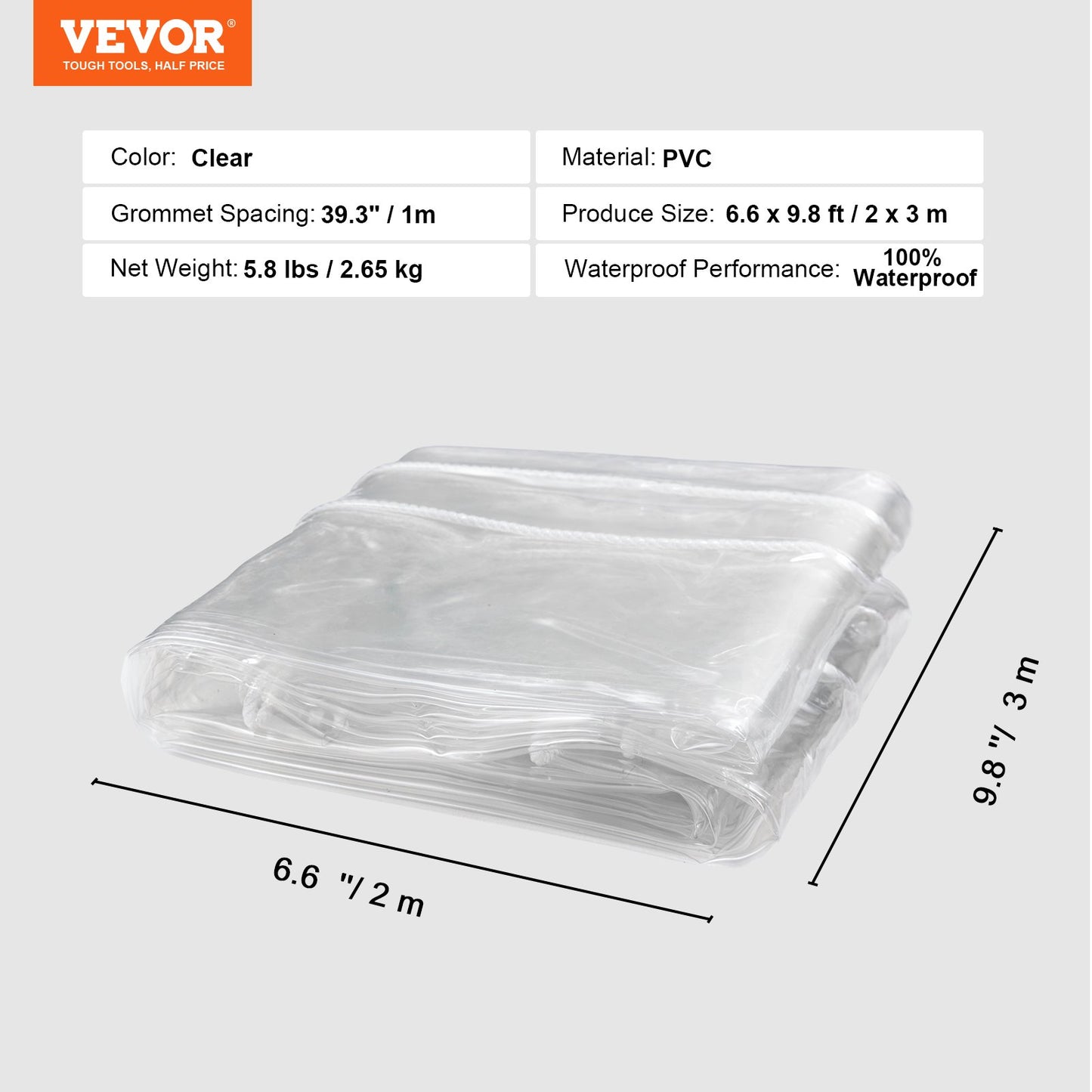 VEVOR Clear Vinyl Tarp, 2 x 2.99 m Clear Vinyl Patio Enclosure, Tear-Proof and Waterproof